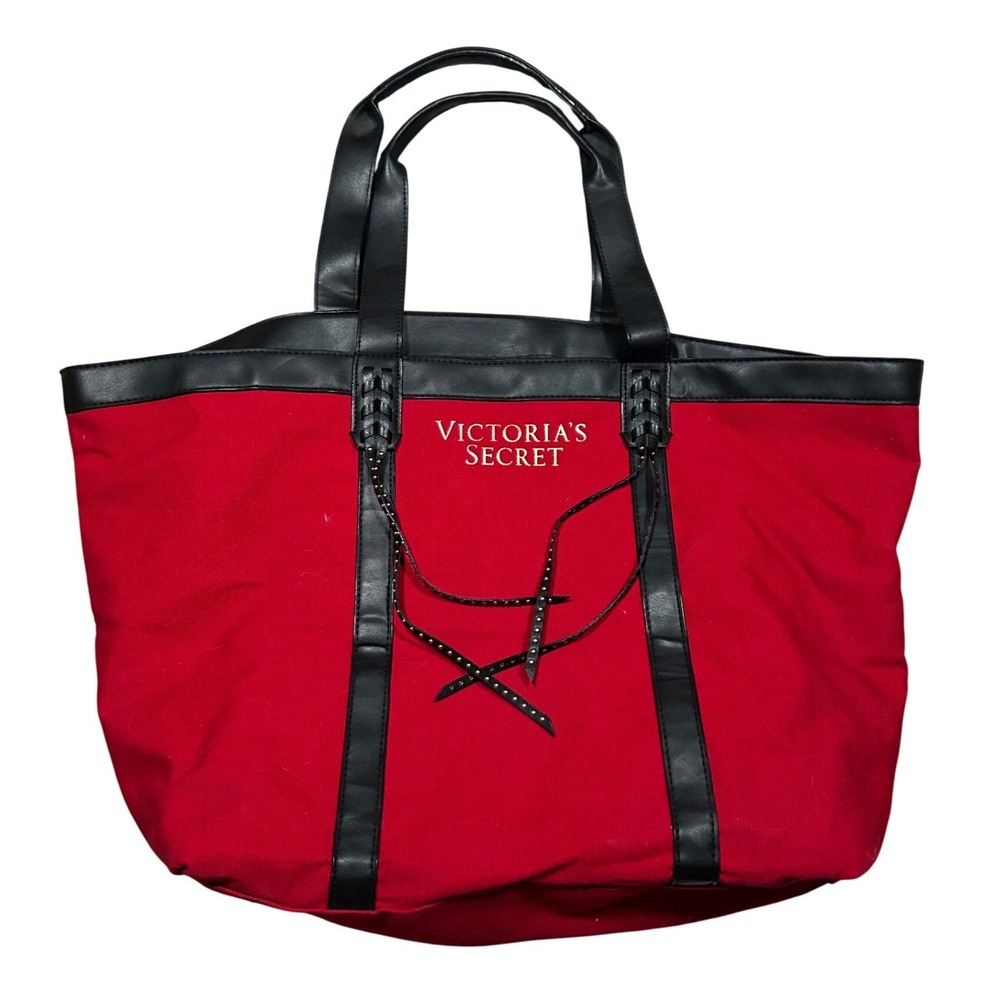 Victorias Secret Large Tote Bag‎ Black Red Faux Leather Trim Studded Tassels Y2K